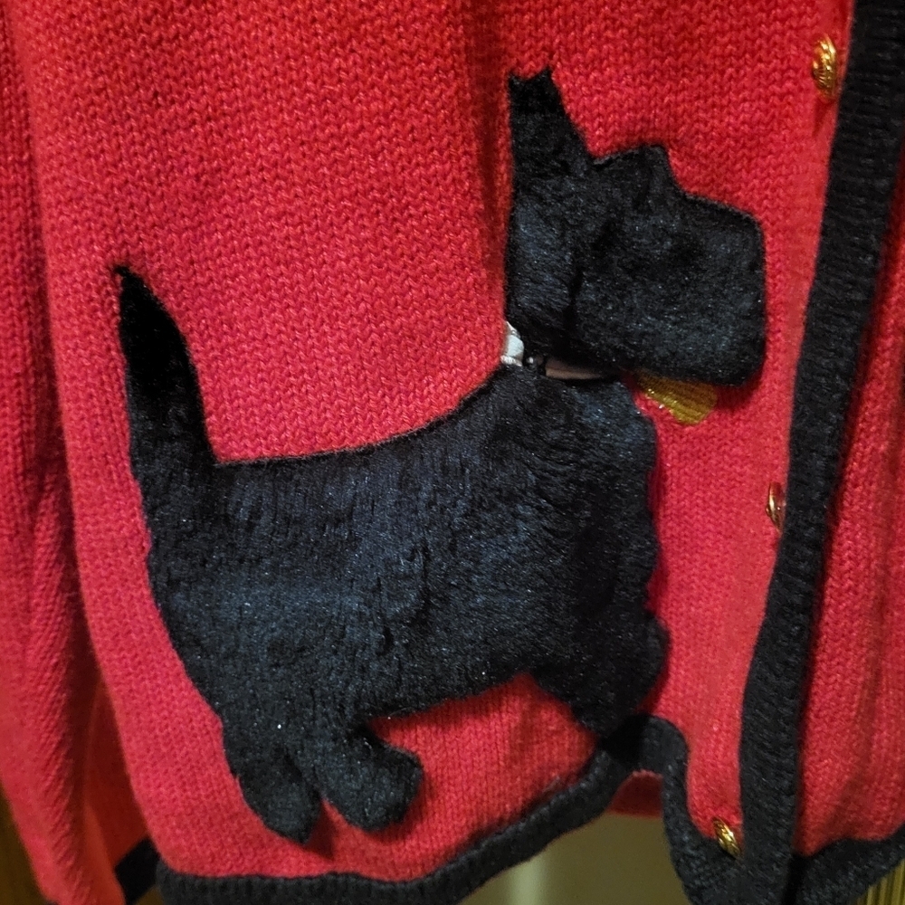 Vintage Crystal Kobe Sweater Red Scottie Dog Pawprint Black Faux Fur Size Small - Picture 4 of 7